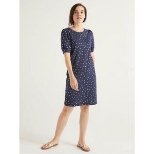 Boden Zoe Jersey T-Shirt Dress - Navy and Gold Metallic Polka Dot Mini